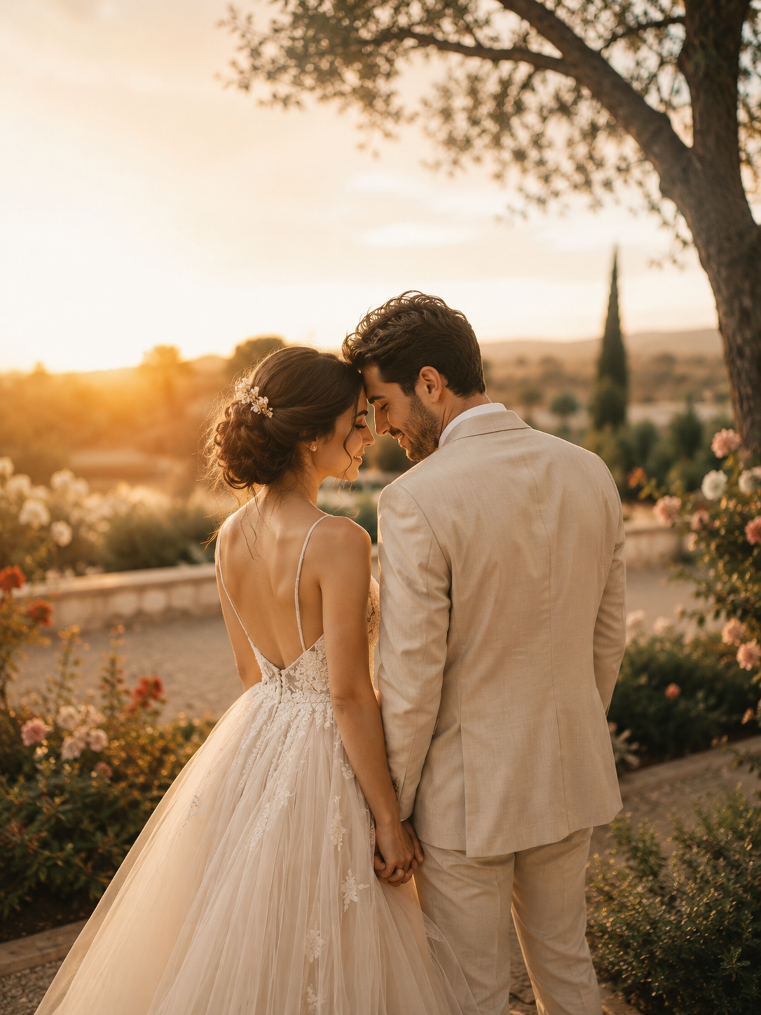 Gün batımında romantik düğün portresi